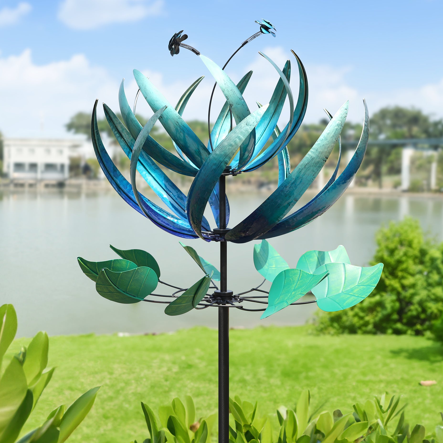 metal garden wind spinners lotus flower blue