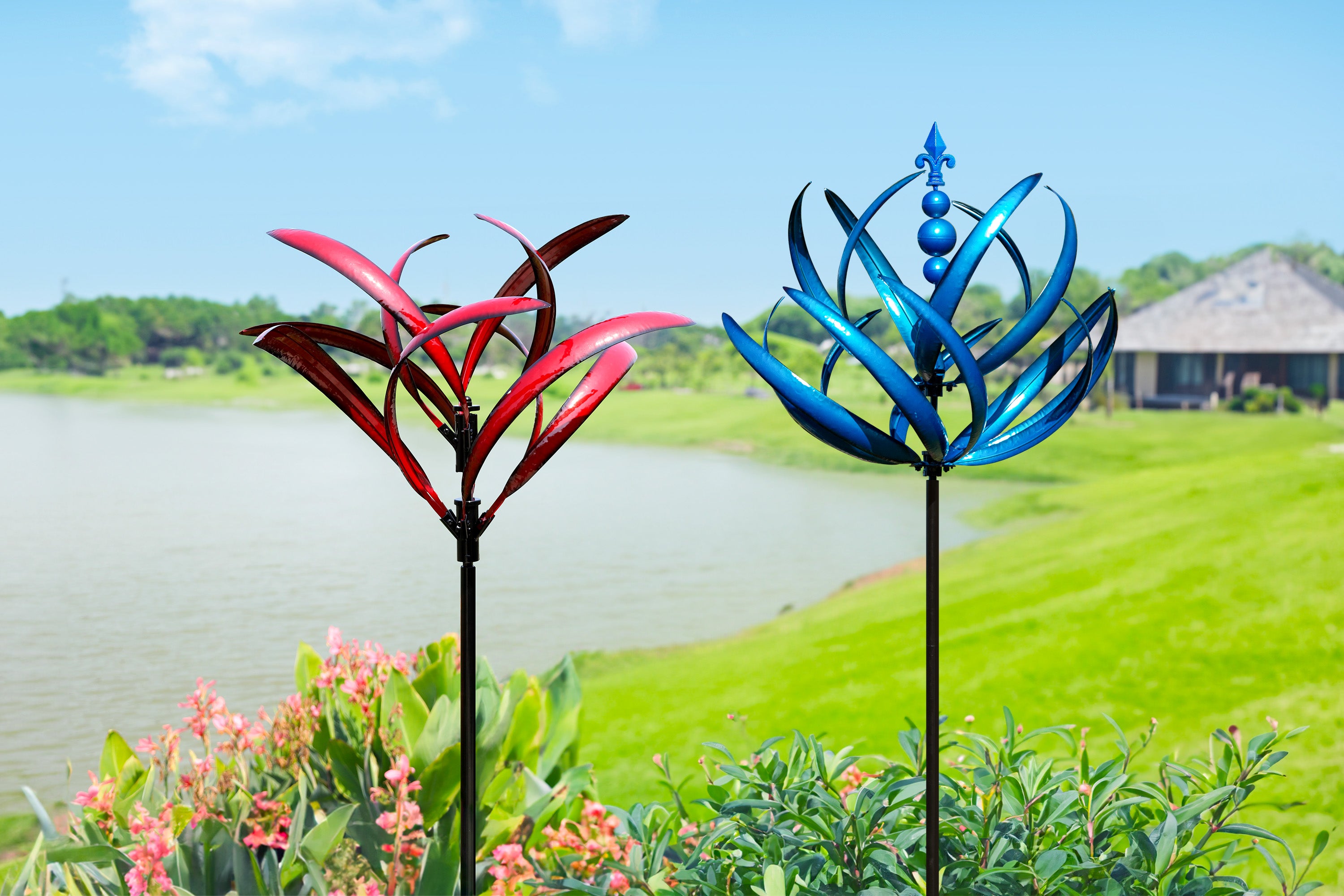 Best garden decor gift for friends, the Cyan Oasis wind sculptures decord the yard vibrant and colorful.