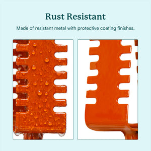Rust-resistant metal product with protective coating finishes on a light blue background.