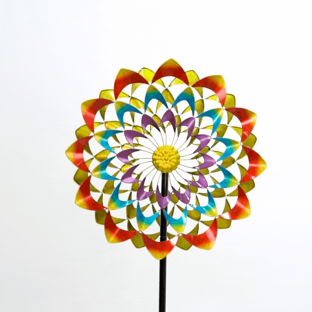 Dual Motion Zinnia Flower Wind Spinner Cyan Oasis