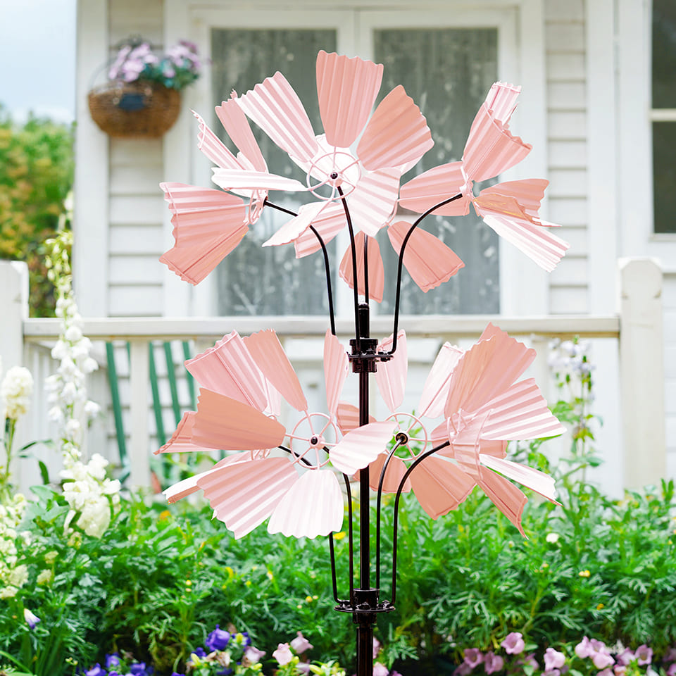 Metal Triple Carnation Flower Garden Wind Spinner