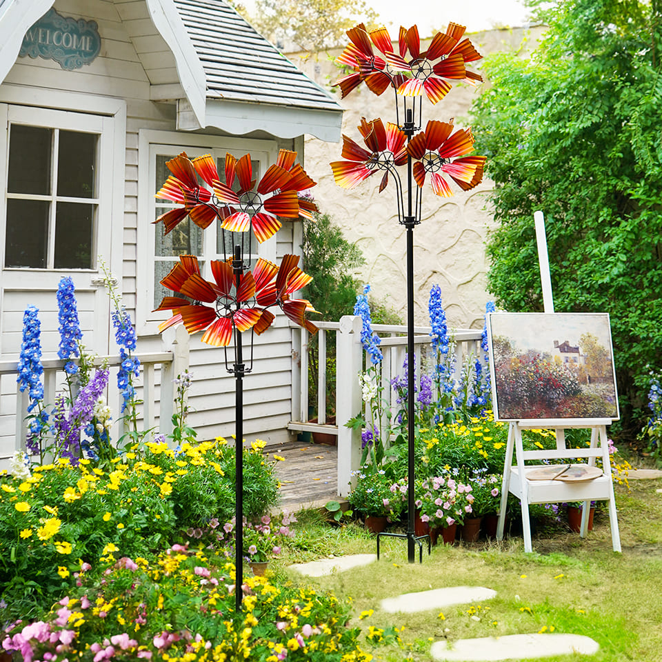 Metal Triple Carnation Flower Garden Wind Spinner