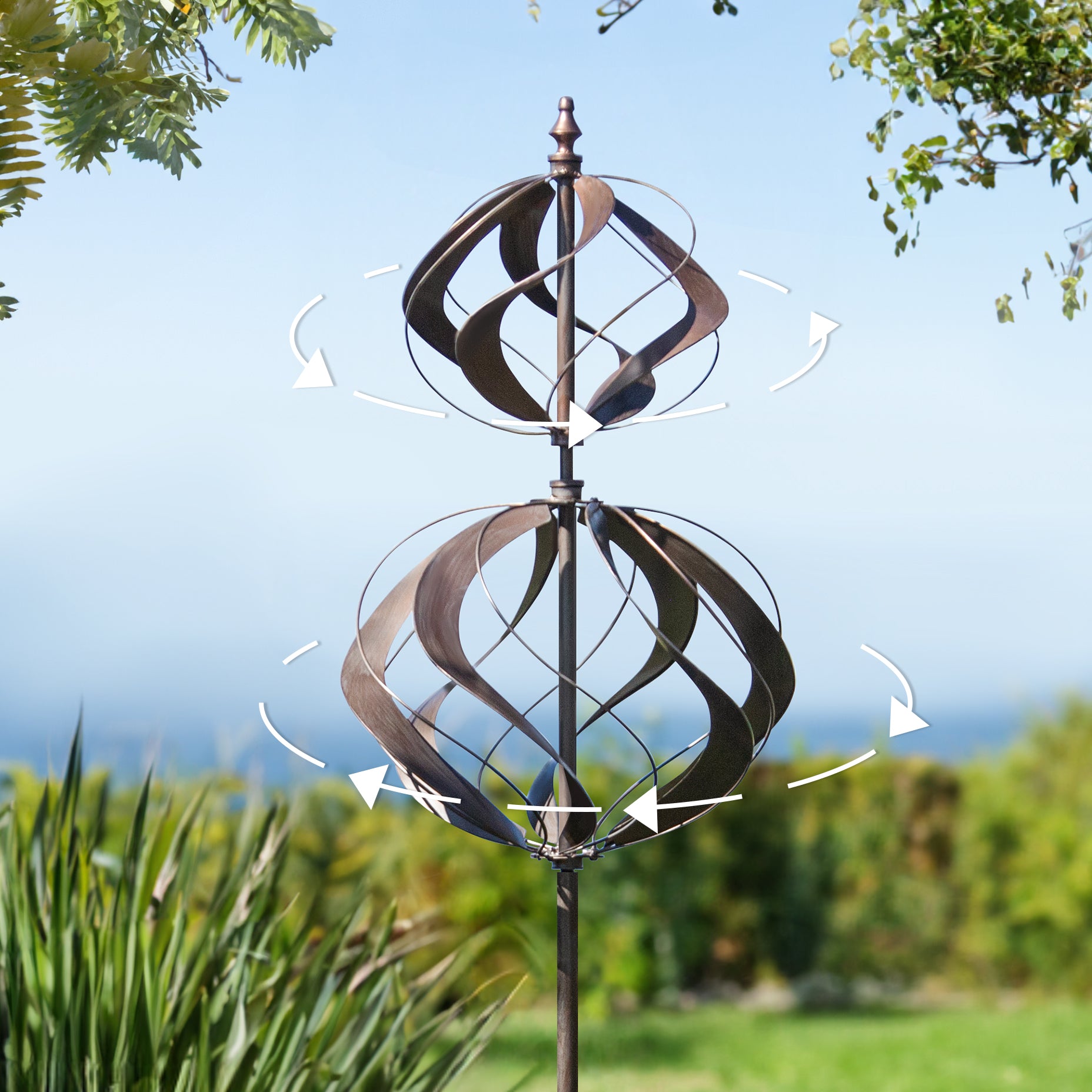 Dual Structure Global Spinner Wind Sculpture | Cyan Oasis