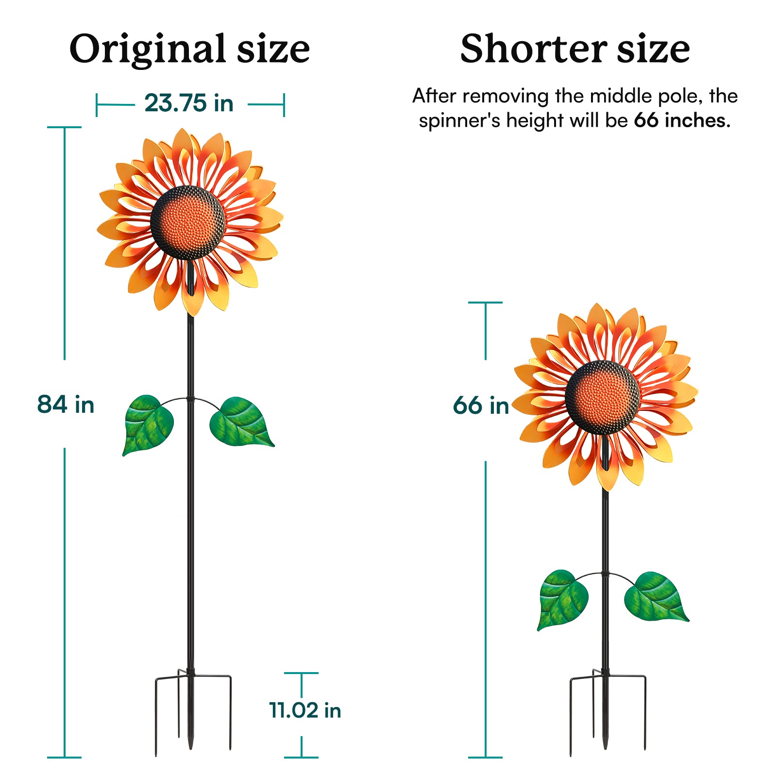 Cyan Oasis Sunny Sunflower Wind Spinner can be adjust the height from 84 to 66 inches.