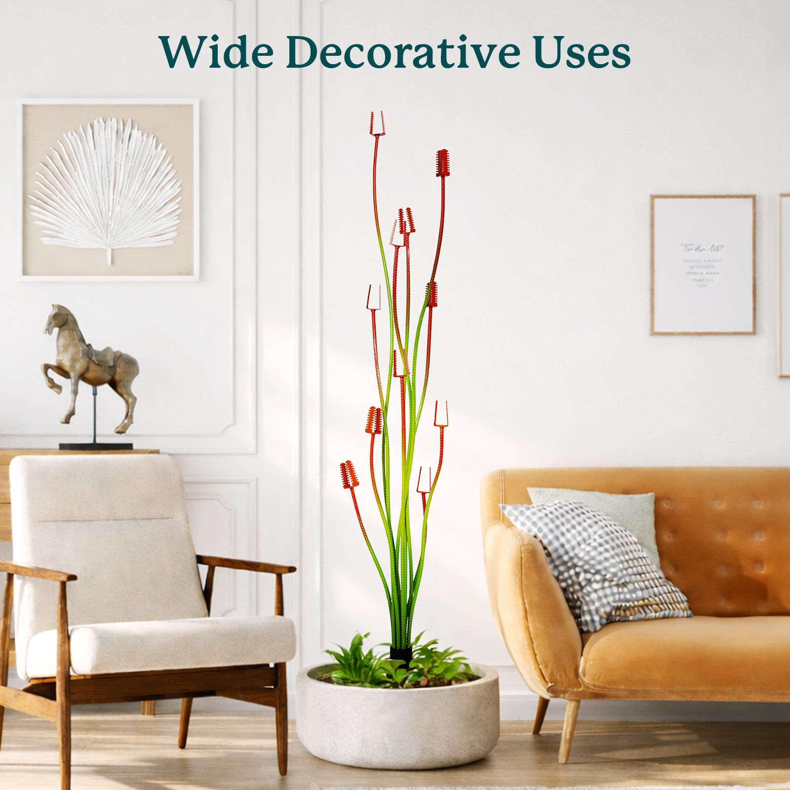 Decorative plant in a living room with furniture and wall art.