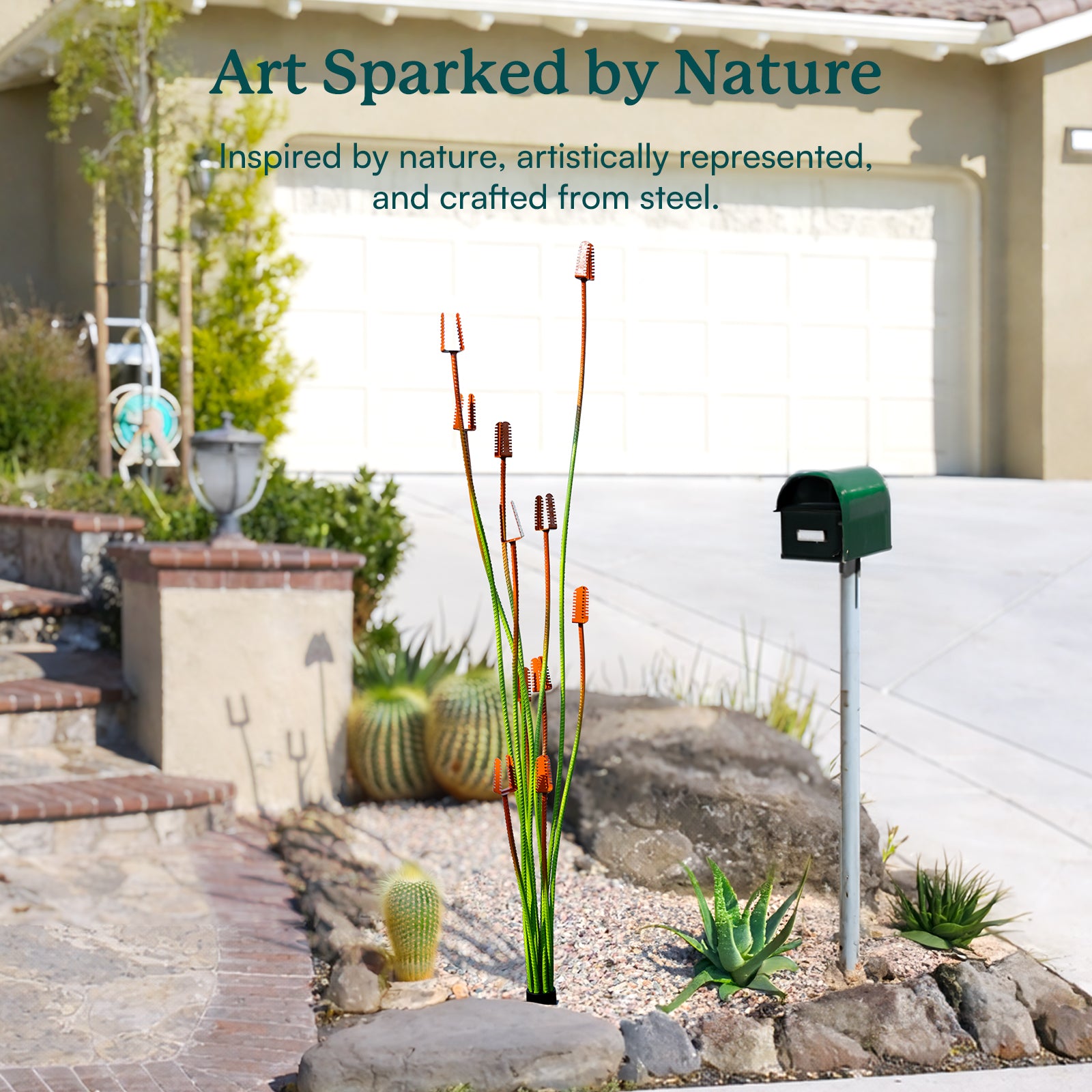 Decorative metal sculpture of plants in a garden