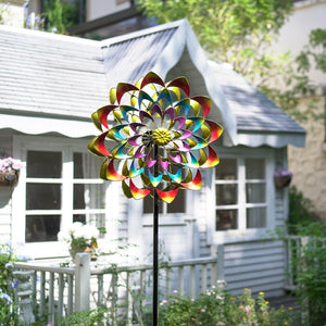 Dual Zinnia Garden Wind Spinner - Cyan Oasis