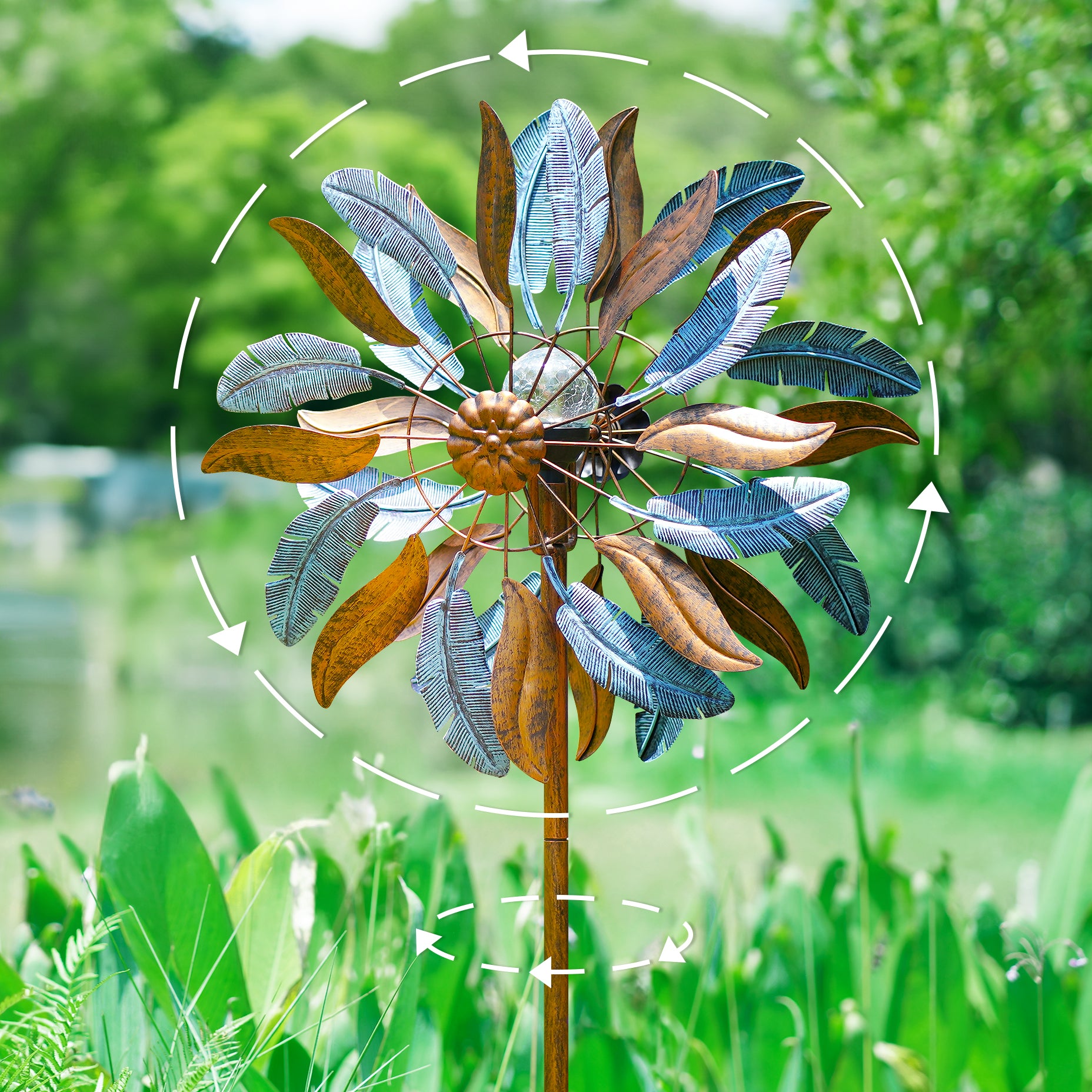 The feather shaped windmill can rotate 360 degrees to capture the wind from all directions