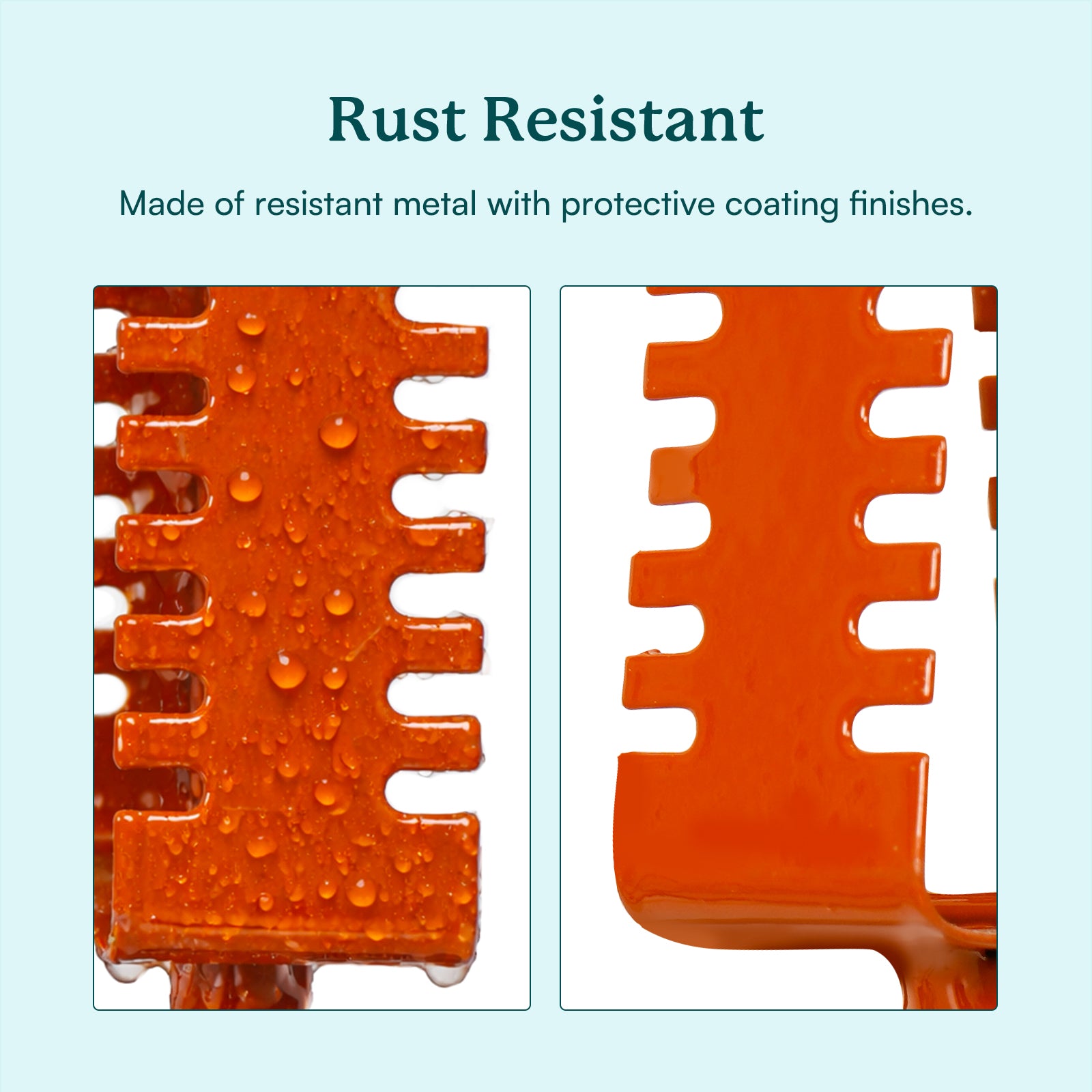 Rust-resistant metal product with protective coating finishes on a light blue background.