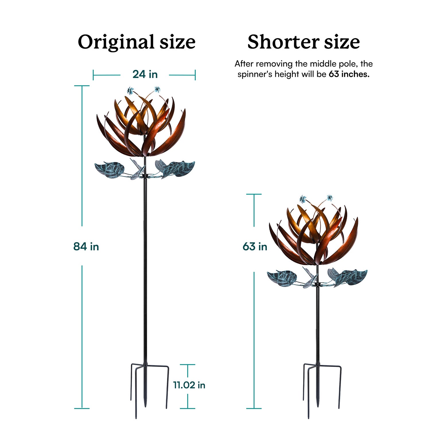 The wind spinner can adjust the heigh by removing the middle pole