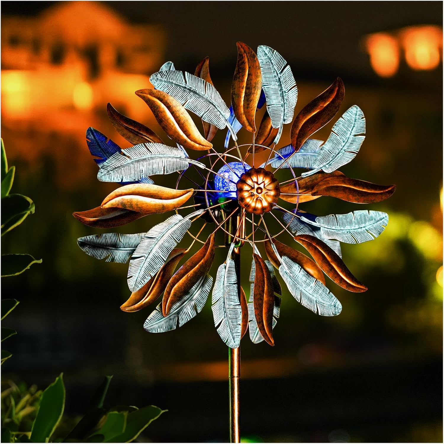 Sunburst Feather Solar Wind Spinner, large metal solar wind