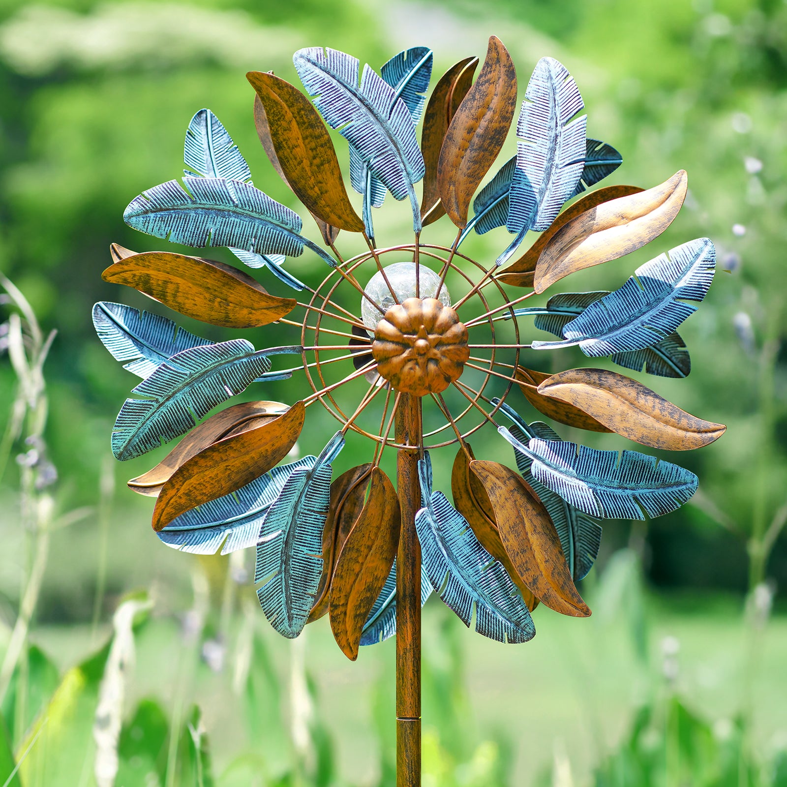 Sunburst Feather Solar Wind Spinner, large metal solar wind