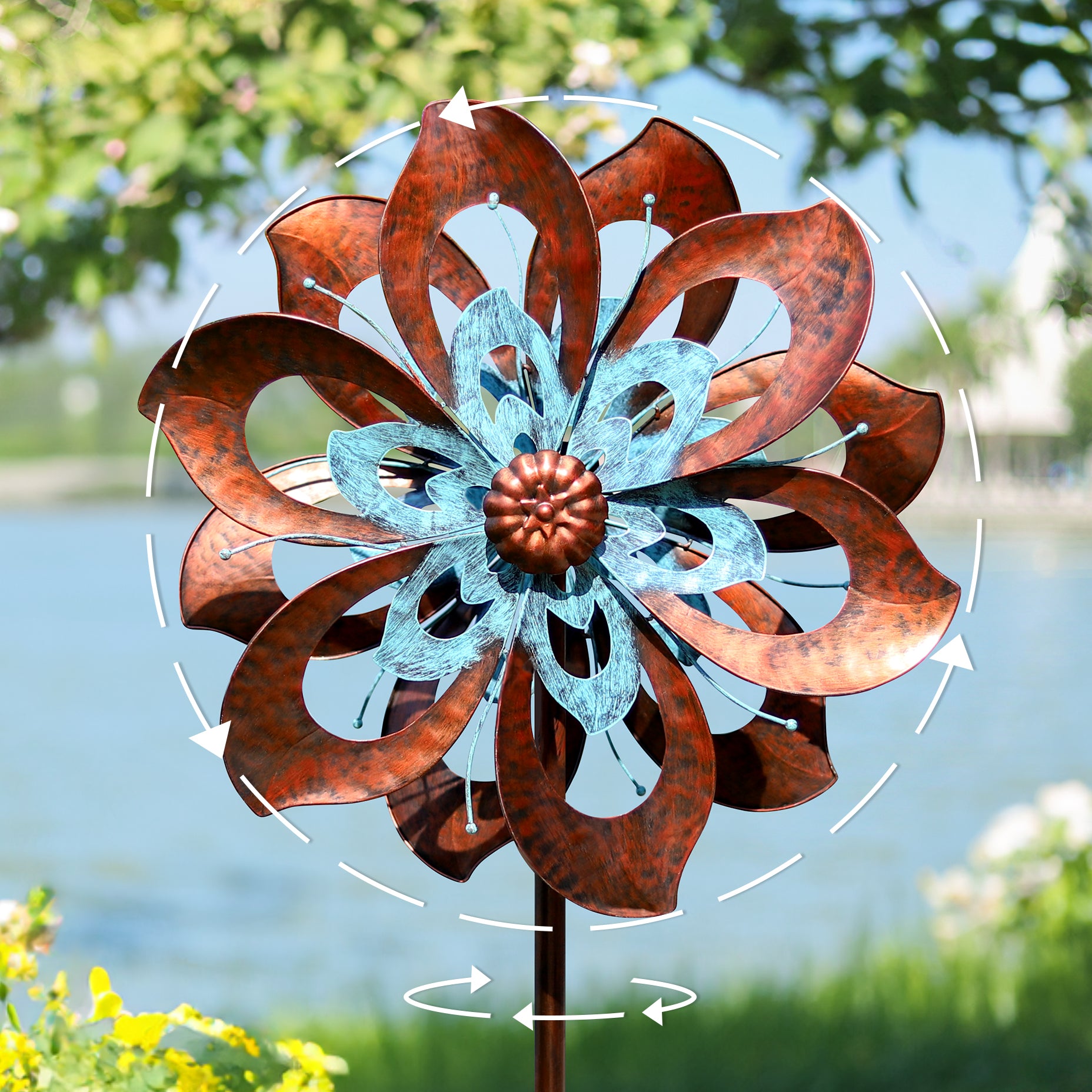 Dual Camellia Wind Spinner – Cyan Oasis
