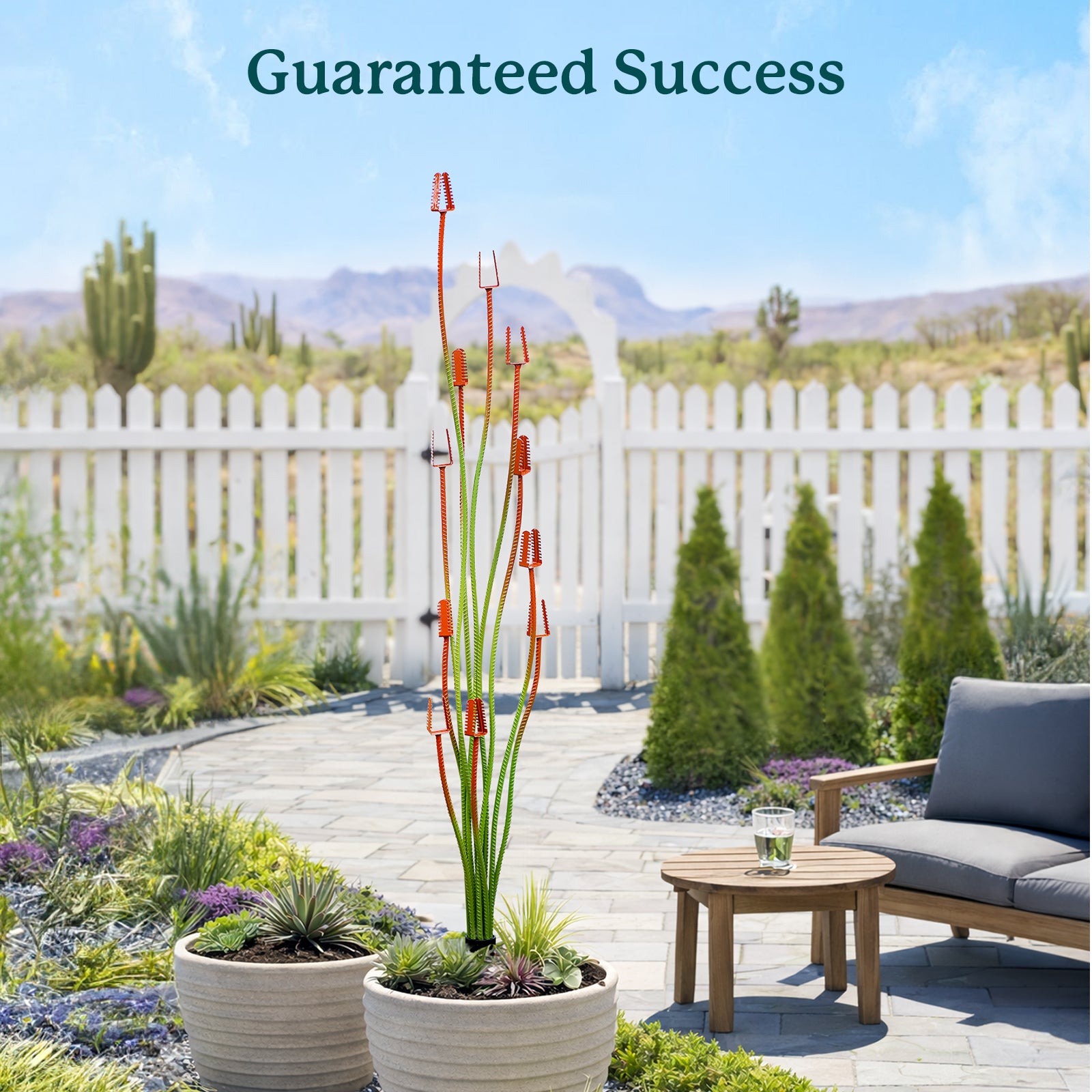 Outdoor patio with plants, table, and couch under a clear blue sky with 'Guaranteed Success' text.