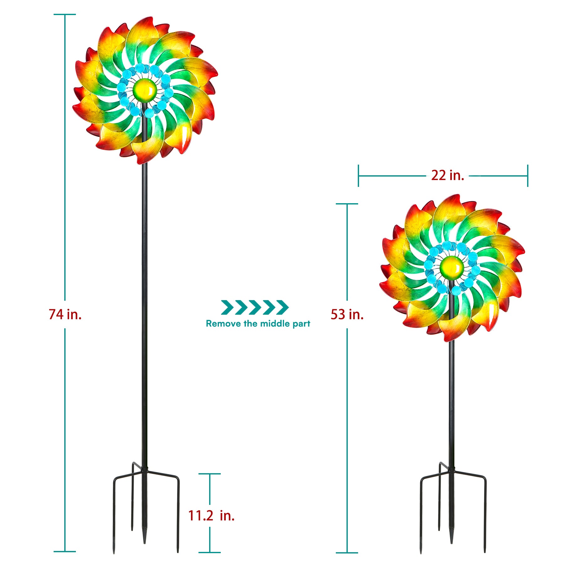 yard spinners metal large can adjust the height by removing the middle pole, original height is 74 inches